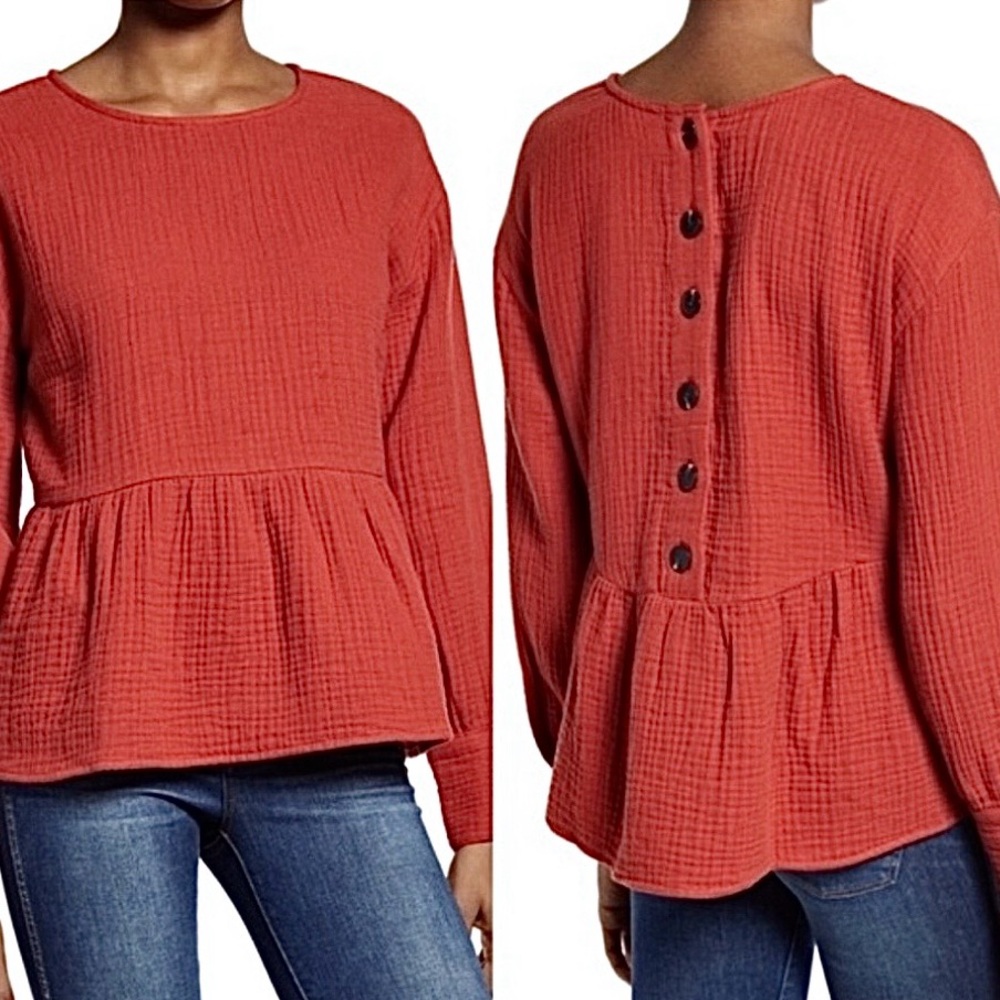 Madewell Puckered Cotton Gauze Peplum Top Womens Size XS Button Back Long Sleeve